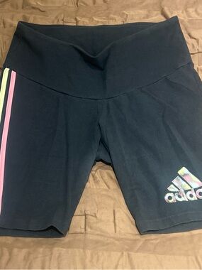 adidas Black Bike Shorts with Pink and Mint Side Stripes and Iridescent Logo